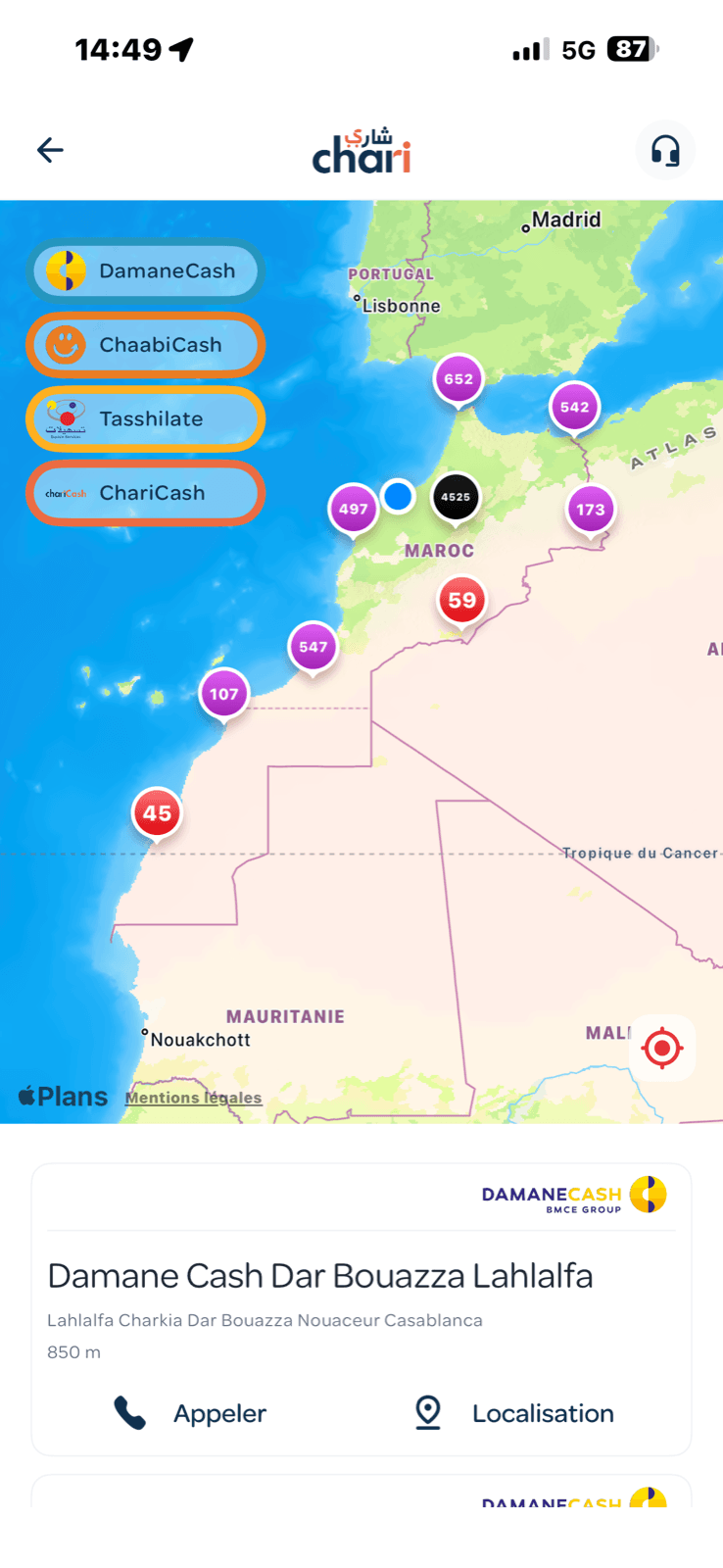 Localisateur d’agences de retrait d’espèces dans chari.ma