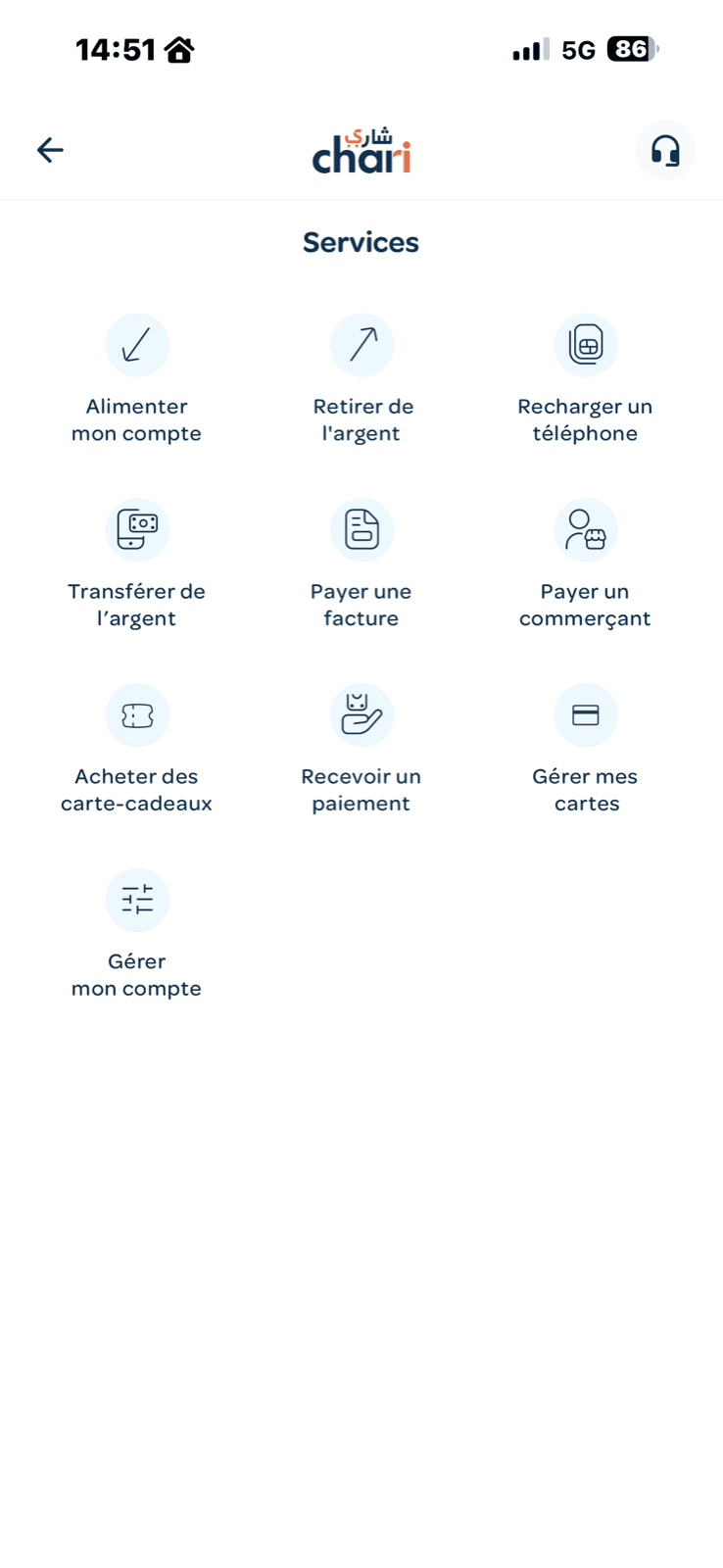 Menu des services de chari.ma : payer, encaisser, gérer ses cartes et son compte