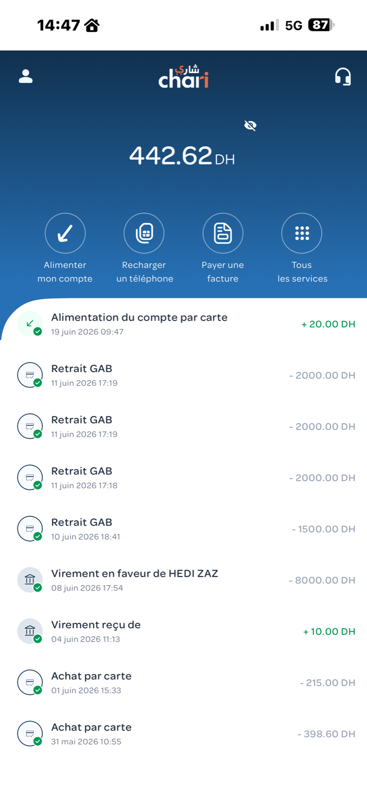 Écran d’accueil de l’app chari.ma : solde du portefeuille électronique et historique des transactions